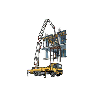 Construction Scene With Concrete Pump Truck Delivering Material To Upper Level Of Building Site, Scaffolding And Worker Operator, Vector Illustration
