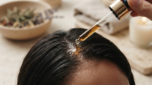 herbal scalp oil dropper macro Hair serum being applied on dark hair with dropper in a calm setting