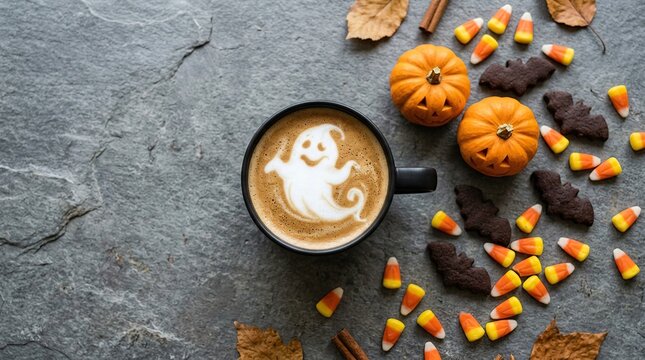 Halloween coffee cup with ghost latte art, pumpkins, cookies and candy corn
