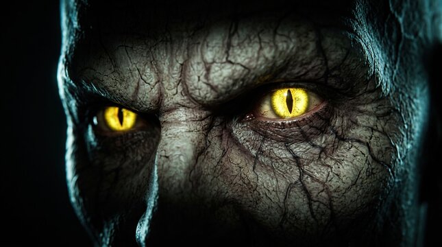 Closeup portrait of a terrifying monster with glowing yellow reptilian eyes and cracked skin