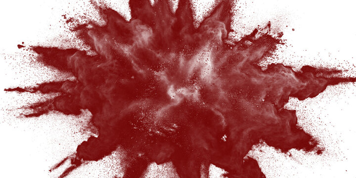 Dark red powder explosion with smoke and dust particles bursting outward isolated on a white background