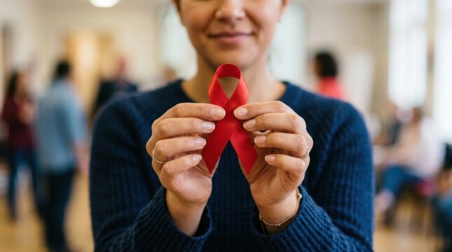 Woman holding red ribbon symbol for AIDS awareness HIV support health campaign unity hope