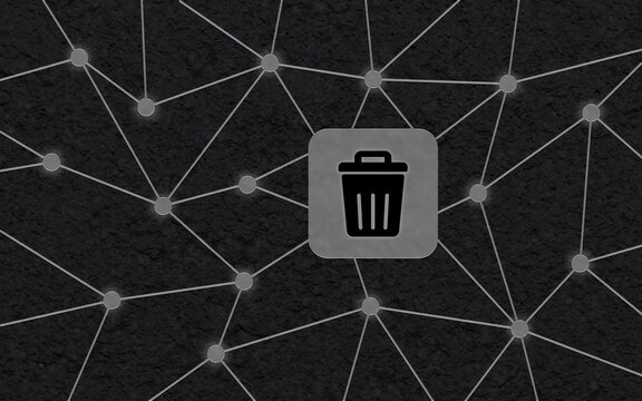Abfallentsorgung im digitalen Netzwerk, Konzept f&uuml;r sichere Datenl&ouml;schung in Unternehmen. Moderne Technologiegrafik mit M&uuml;lleimer-Symbol f&uuml;r IT-Sicherheit und Datenschutz.