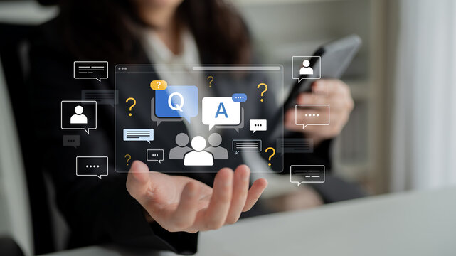 Virtual Interaction Concept with Question and Answer Symbols in a Business Setting Featuring Diverse Communication Elements. Bitwise.