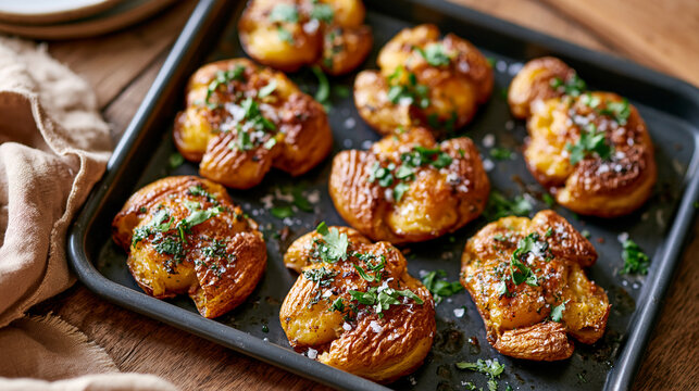 Direct overhead photograph of crispy smashed potatoes topped with fresh herbs and flaky sea salt on a baking sheet golden ridges and soft centers under warm natural light rustic tabletop