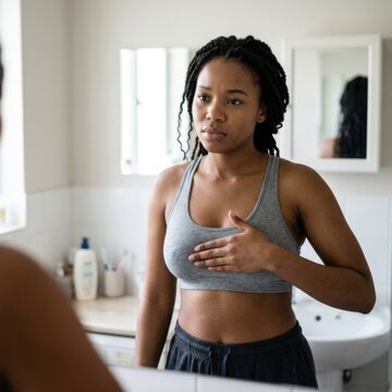 Young Black Woman Examining Herself in Mirror Healthcare Awareness