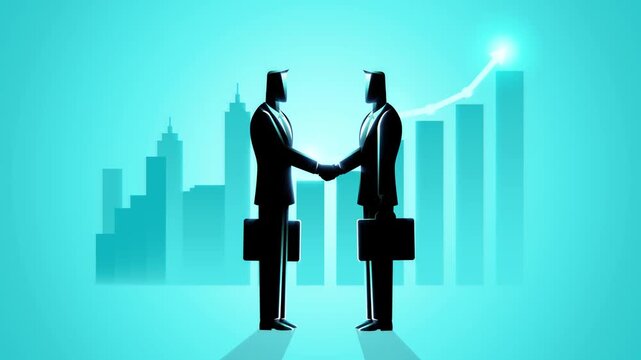 Business partnership concept showing two corporate professionals shaking hands as a rising growth chart and city skyline represent successful agreement, investment, collaboration, financial growth.
