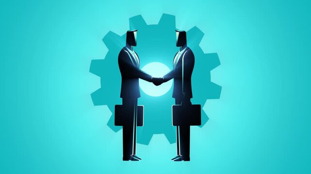 Business partnership animation showing two professionals shaking hands while puzzle pieces come together to form a gear, symbolizing teamwork, collaboration, business integration, problem solving.