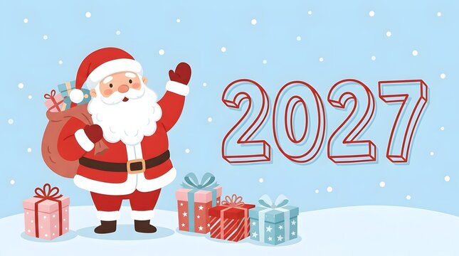 Merry Christmas and Happy New Year Playful cozy greeting Card with a cute Santa, gifts and typography design. Cheerful holiday template for greeting card, cover, poster, social media, branding, print.