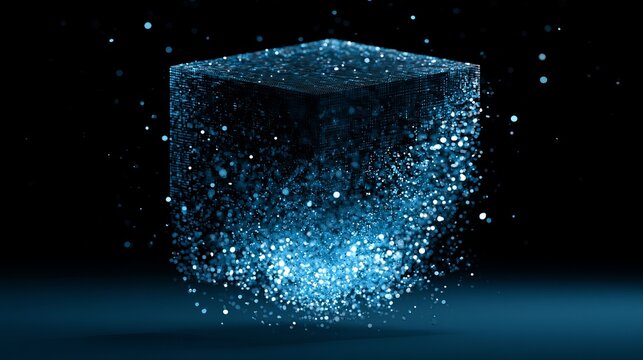 Glowing digital cube composed of bright blue particles, demonstrating data structure, abstract technology, and futuristic innovation concept