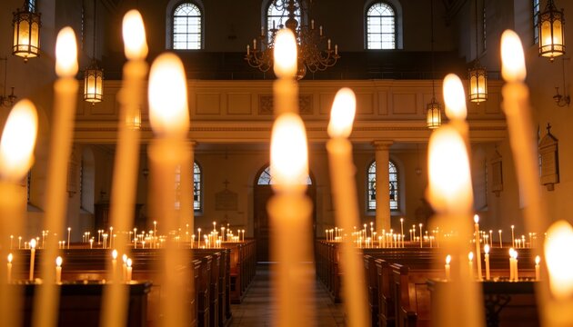 Glowing church candles burning softly inside a traditional chapel during a quiet evening service