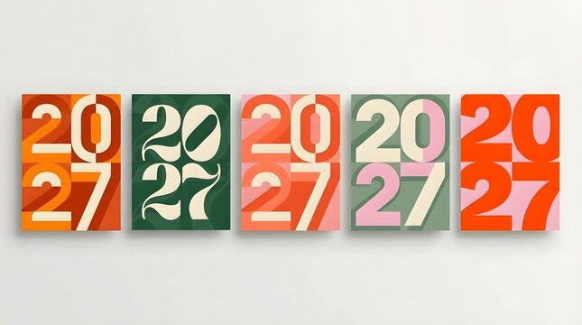 Set of 2027 Happy New Year logo text design. 2027 number design template. Collection of 2027 Happy New Year card, cover, poster. Vector illustration with labels isolated on colorful background.