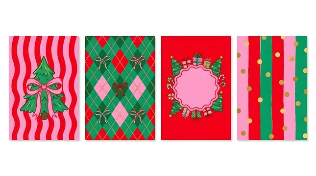 Set of Holiday Xmas seamless pattern with Christmas Tree, toys, snowflakes in trendy geometric style in red, green, pink, gold colors. Christmas design for season greetings, decor, print, promo