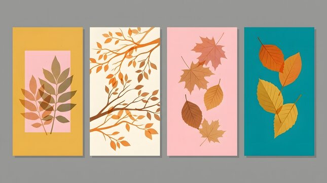Set of trendy modern art style abstract autumn posters or covers with bright beautiful leaves and plants. Fall background, Sale banner, or flyer design. Template for advertising, web, social media