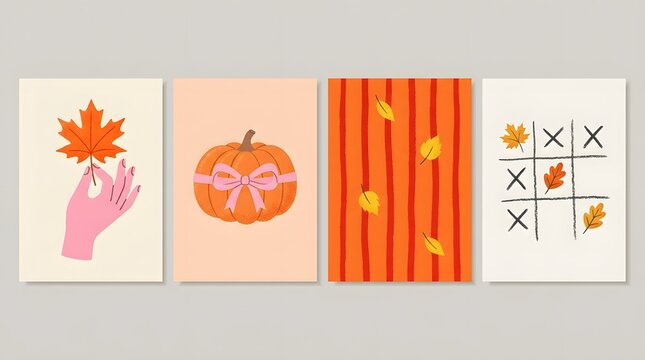 Playful autumn collection with pumpkins, colorful leaves, Seasonal templates for cards, posters, branding, packaging and social media.