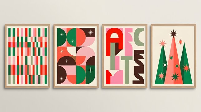 Merry Christmas holiday covers or horizontal posters, greeting cards in modern geometric style for web, branding, social media advertising, promo, print, sales. Trendy Xmas layout design templates