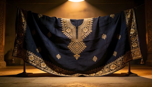 Dark blue traditional arabic thobe adorned with intricate golden embroidery displayed under warm overhead spotlight