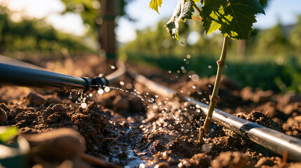Naklejka premium Close ground level view of a vineyard drip irrigation line releasing droplets near a grapevine root zone damp soil and slender vine trunk in focus with rows softly blurred behind under