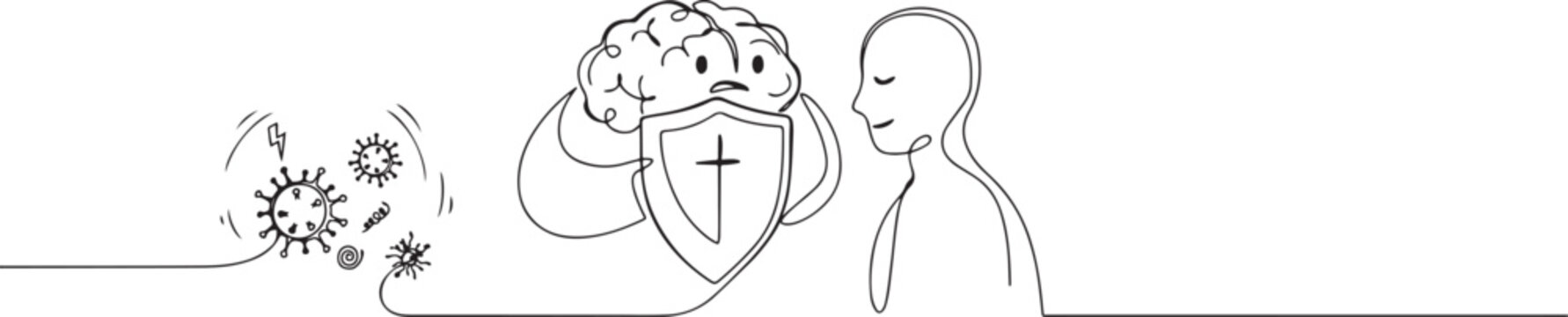 Single continuous line drawing brain mascot or character holding shield for protection. Protecting patient from mental illness germs, microbes fear or phobia. one line Icon drawing