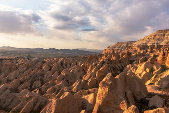 Cappadocia Red Valley landscape with fairy chimneys at sunset Turkey