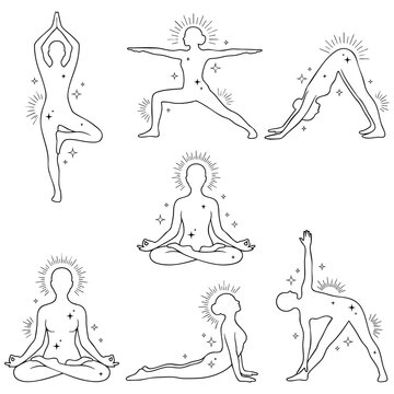 Yoga poses outline vector illustration set with energy sparks illustration sparkling meditation wellness flexibility mindfulness