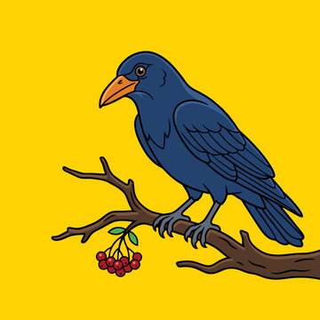 A cartoon illustration of a black crow bird perched on a wooden tree branch with red berries set against a solid yellow background