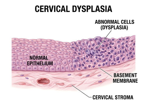 Cervical dysplasia showing abnormal cells in epithelium layer isolated on white background