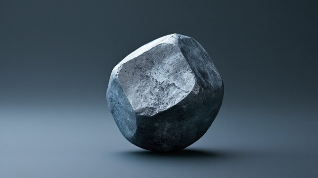 Rounded faceted mineral specimen with matte chalky texture and fine cracks on blue gray gradient background, minimalist macro studio photography