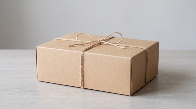 Simple Brown Cardboard Gift Box Tied With Twine Bow On A Light Wooden Surface