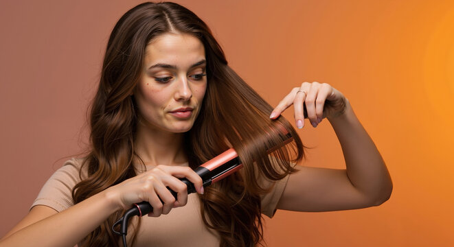 Young woman straightening her long brown hair with flat iron. Female styling her hairstyle using heated tool against orange studio background. Personal grooming and beauty routine