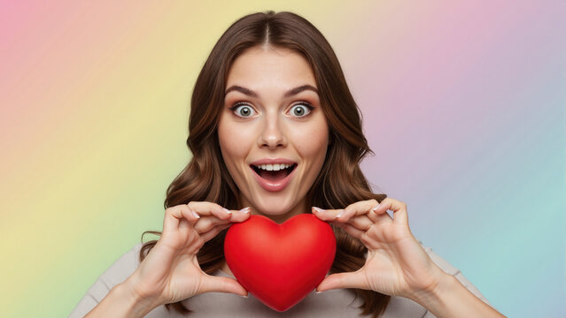 Surprised young woman holding red heart. Excited female portrait with soft pastel gradient background. Valentine's Day and romance concept