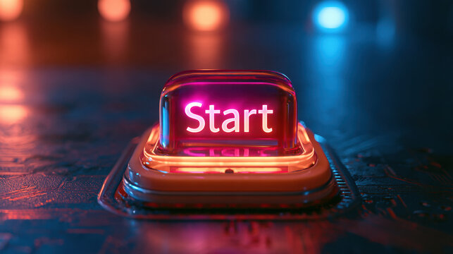 Start button orange red glowing dark technology panel circuit board futuristic interface concept game digital launch