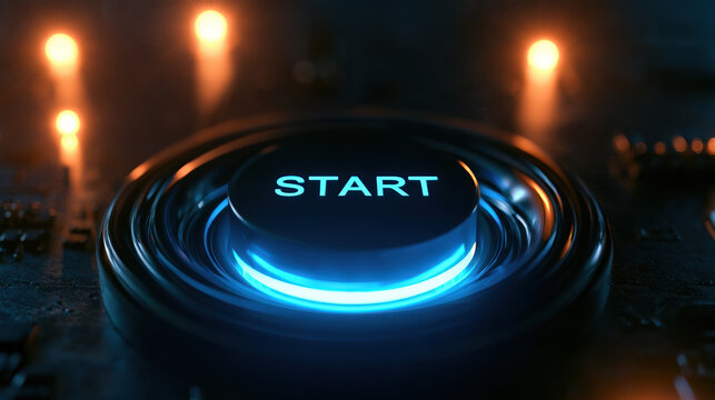 Start button blue glowing dark technology panel circuit board futuristic interface concept game digital launch control