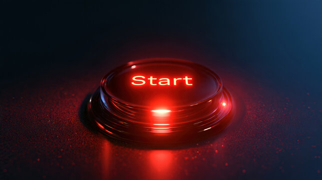 Start button red glowing dark background futuristic technology interface concept game digital launch neon glossy press