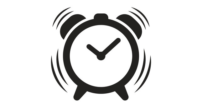 Simple black and white icon of a ringing alarm clock