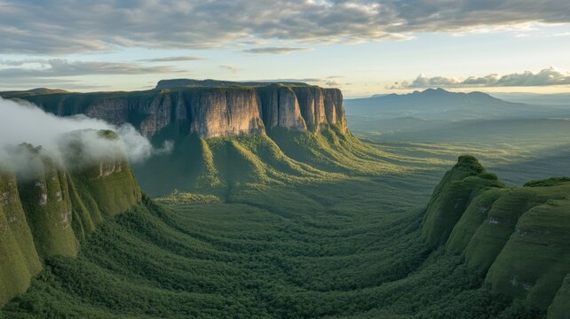 A majestic view of table mountains rising above a lush green valley during golden hour. Perfect for nature and travel.