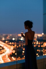 Fototapeta premium Woman with a glass of wine standing at a rooftop balcony overlooking city lights and bokeh at night for romantic evening background and luxury lifestyle banner
