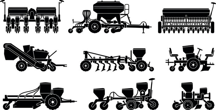 Agricultural seeding machines and farm equipment silhouettes set, isolated on white background for farming industry and crop production design