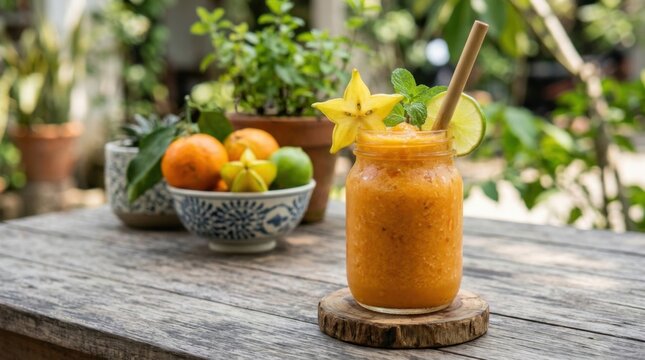 Vibrant Orange Smoothie with Starfruit Lime and Mint in Jar Fresh Fruit in Bowl Outdoor Garden Setting
