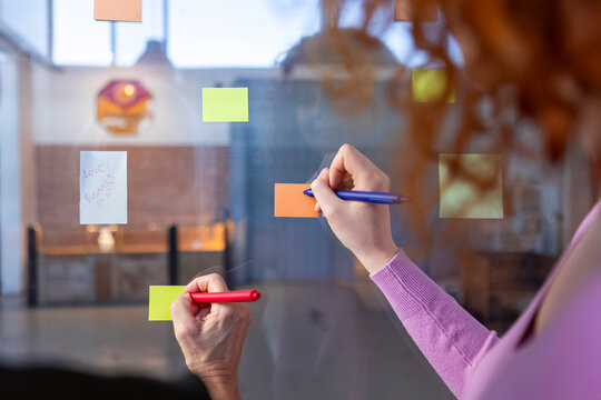 Young and mature women plan ideas on office glass board
