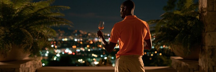 Fototapeta premium Man on terrace with wine glass and city lights at night background for lifestyle poster and evening wallpaper