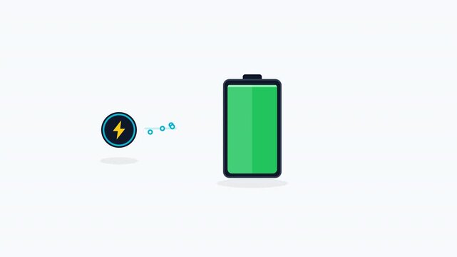 Modern flat vector animation showing renewable energy flowing into a battery storage system as the battery charges from low capacity to full capacity.