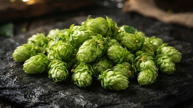 Fresh green hop cones piled on dark stone surface ready for brewing beer