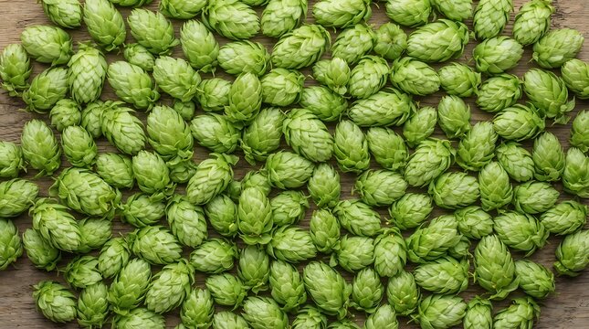 Top view of fresh green hop cones used for brewing beer on a wooden background