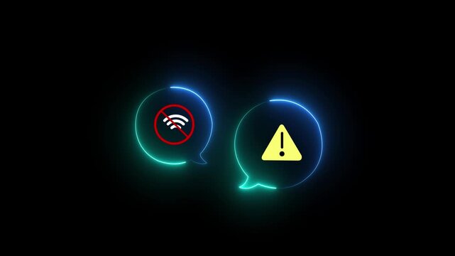 Person holding a with no Wi-Fi and warning alert icons, representing connection failure, network error, or internet outage issue animation in black background, Animation of 4k video.