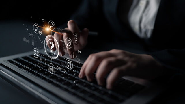 Business professional using modern technology for digital data analysis and cybersecurity with graphic interface on laptop in dark environment. Entropy.