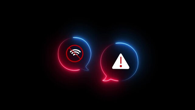 Person holding a with no Wi-Fi and warning alert icons, representing connection failure, network error, or internet outage issue animation in black background, Animation of 4k video.