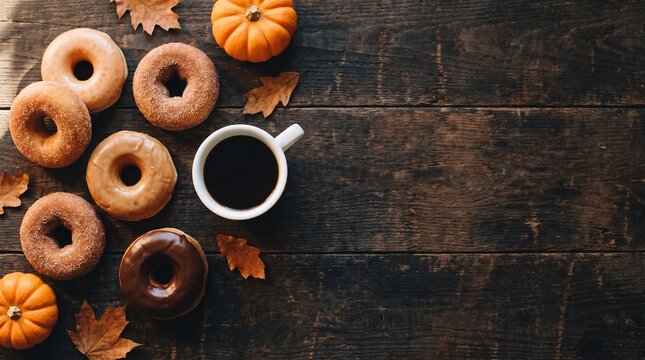 Assorted autumn donuts with coffee and mini pumpkins on rustic wooden table, overhead flat lay with copy space