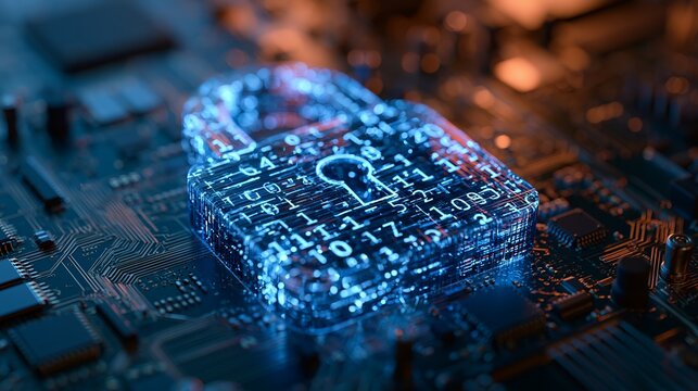 Glowing padlock formed from digital code sits atop a circuit board, representing cybersecurity and data protection solutions