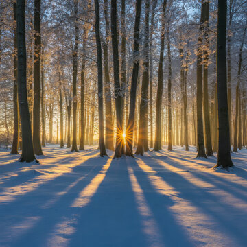 Bright sunlight piercing through tall trees in a winter forest covered in snow. Excellent for environmental and.